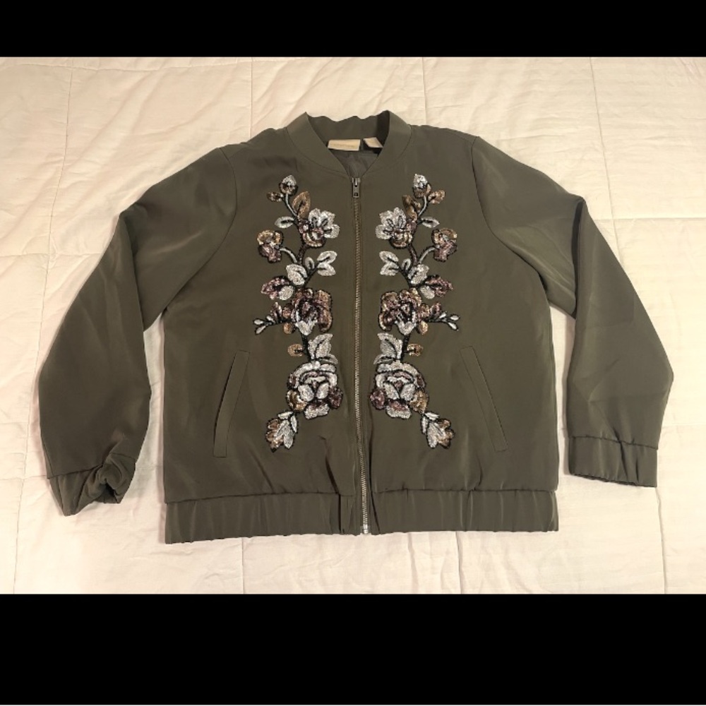 Chico’s Limited Edition Embroidered Bomber Jacket Grape Leaf Olive Green XL